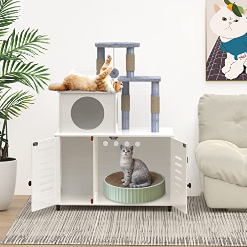 EasyCom Litter Box Enclosure, Hidden Cat Tree Tower Furniture for Indoor House, All-in-one Wooden Cat Litter Cabinet with Scratching Post and Condo, White - WoodArtSupply