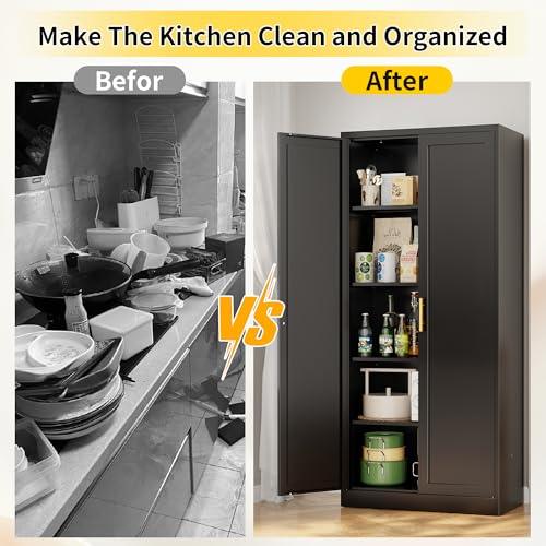 Metal Kitchen Pantry Cabinet, 71"Tall Cabinet with 2 Doors and 4 Adjustable Shelves, Pantry Cabinets for Kitchen Storage, Metal Storage Cabinet for Kitchen, Dining Room, Living Room and Bathroom-Black Wanfu