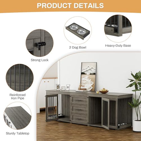 OUYESSIR 94.5" Large Dog Crate Furniture for 2 Dogs, Double Wooden Dog Kennel Furniture with 4 Dog Bowls & 3 Drawers, Heavy Duty Indoor Furniture Style Dog Cage TV Stand/Table/House, Grey OUYESSIR