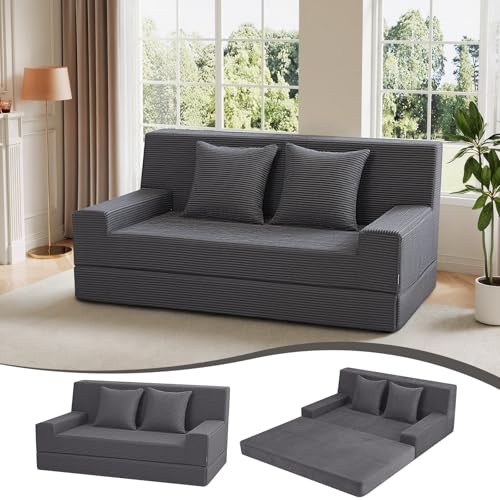 MeMoreCool Folding Futon Couch Queen – Boneless Corduroy Sofa Bed, Convertible Foam Floor Lounger with Pillow & Washable Cover, Foldable Sleeper for Living Room, Bedroom, Guest Space MeMoreCool
