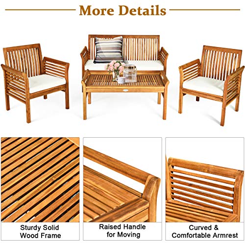 Tangkula 4 Piece Outdoor Acacia Wood Sofa Set with Water Resistant Cushions, Padded Patio Conversation Table Chair Set w/Coffee Table for Garden, Backyard, Poolside (1) Tangkula