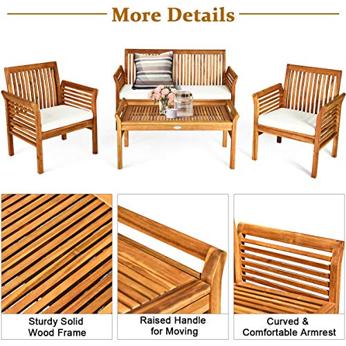 Tangkula 4 Piece Outdoor Acacia Wood Sofa Set with Water Resistant Cushions, Padded Patio Conversation Table Chair Set w/Coffee Table for Garden, Backyard, Poolside (1) - WoodArtSupply