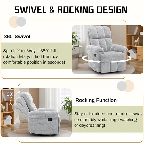 Korser Recliner Chair, Swivel Rocker Recliner Chair for Adults, Small Recliners for Small Spaces, Manual Recliner Chair with Side Pockets, Nursery Rocking Chair for Living Room, Chenille, Silver Grey