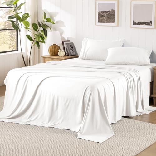 ROSE&RISY White King Sheet Set Pre-Washed Cotton-Like Microfiber, 4 Pieces Ultra Soft Bed Sheet Set King, Breathable Deep Pocket Skin Friendly, Includes 1 Fitted, 1 Flat, 2 Pillowcases (White, King)