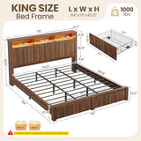 CypBed King Size Bed Frame and Headboard& 2 Storage Drawers, King Bed Frame with LED Light and Charging Port, Farmhouse Wavy Design, Wood & Metal Platform, Noise-Free, No Box Spring Needed, Walnut CypBed