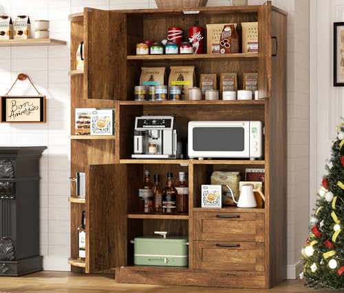 SUNLEI 60.4" Tall Kitchen Pantry Storage Cabinet with Microwave Shelf, Freestanding Farmhouse Kitchen Pantry, Wooden Pantry Cupboard Storage with Drawers and Open Shelves for Dining Room, Brown SUNLEI