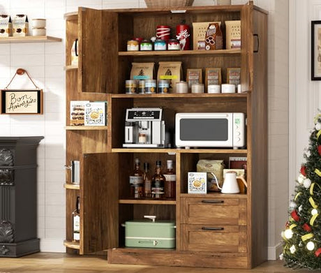 SUNLEI 60.4" Tall Kitchen Pantry Storage Cabinet with Microwave Shelf, Freestanding Farmhouse Kitchen Pantry, Wooden Pantry Cupboard Storage with Drawers and Open Shelves for Dining Room, Brown SUNLEI