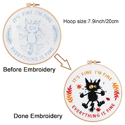 Louise Maelys Cute Cat Embroidery Kits for Beginners with Funny Animal Pattern,Adults Starter Cross Stitch Kit DIY Needlepoint Everything is Fine