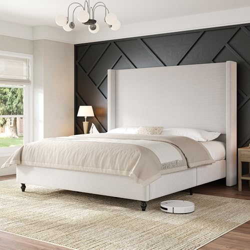 AMERLIFE King Size Bed Frame with 65" Tall Headboard, Upholstered Corduroy Bed Frame with Wingback, Platform Bed with Solid Wood Gourd Legs, Solid Slats, No Box Spring Needed, Cream AMERLIFE