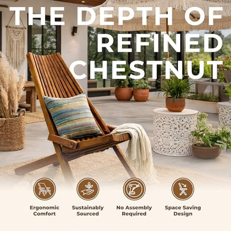 Melino Wooden Folding Tamarack Chairs, FSC Certified Acacia Low Profile Adirondack Chairs, Wood Folding Chair for Outdoor, Patio, Porch, Pool, Backyard, Garden, Balcony and Deck - Chestnut - Single Melino