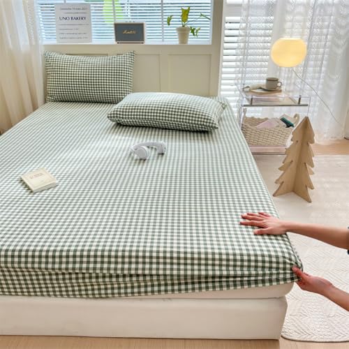 LifeTB Green Gingham Fitted Sheet King 1 Piece Plaid Bedding Sheet Soft 100% Washed Cotton Grid Single Bottom Sheet Green Gingham Bed Sheet Cotton Mattress Cover 15" Deep Pocket Farmhouse Grid Sheet LifeTB