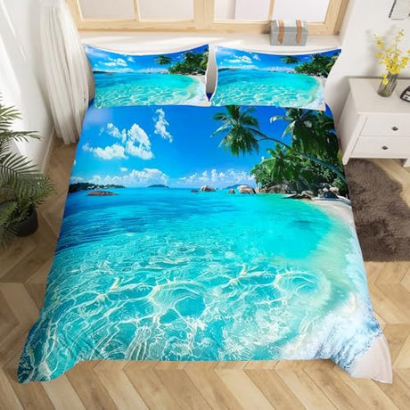 Erosebridal Ocean Duvet Cover Summer Beach Decor Hawaiian Vacation Style Bedding Set Palm Trees Tropical Nature Sea Theme Home Decor Comforter Cover Set, 1 Duvet Cover with 1 Pillow Case Twin Size Erosebridal