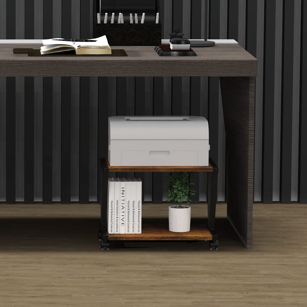 VEDECASA Retro Desktop Printer Stand 2 Tiers Under Desk Wood Printer Shelf Rustic Industrial Farmhouse Wood Storage Book Shelf Table Organizer for Home Office Stylish Sturdy V Shaped (Rustic Brown) VEDECASA
