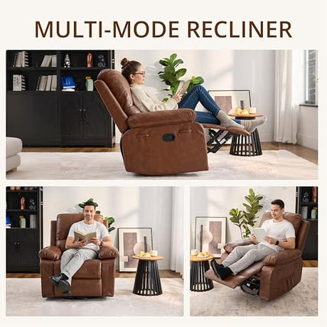 zzlay 360° Swivel Rocking Leather Recliner Chair for Adults, Overstuffed Manual Recliner with Spring Cushion, Glider Rocking Nursery Single Sofa with Side Pockets for Living Room, Camel zzlay