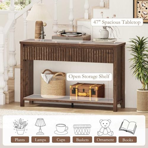 BON AUGURE Console Table with 2 Drawers, 47In Entryway Table with Storage, Sofa Tables with Two-Tier Shelf, Narrow Farmhouse Fluted Couch Tables for Living Room, Rustic Oak BON AUGURE