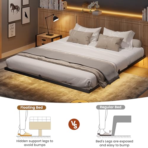 DICTAC Floating Bed Frame California King Size with LED Lights, Metal Platform Cal King Bed with Heavy Duty Steel Slats and 4 Mattress Slide Stopper, Black DICTAC