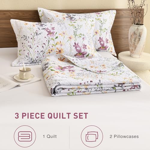 Lady Ann Wild Floral Printed Bed Quilt Sets Queen 100% Cotton Yellow Flower Botanical Pattern Bedding, Vintage Lightweight Coverlet Ultra Soft Bedspread Set with Pillow Shams for All Season, 3 PCS Lady Ann