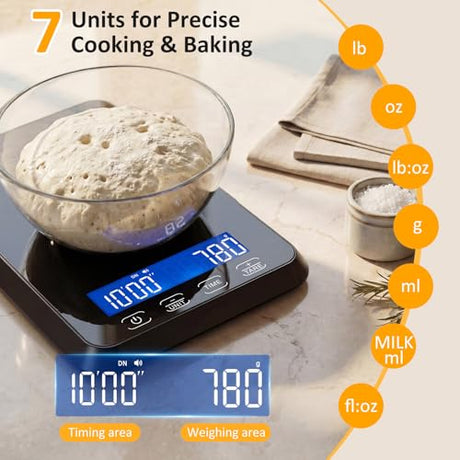 Letron Food Scale, 33 lb / 0.1 oz High Precision Kitchen Scale for Sourdough Bread, Built-in 7 Units, Timing & Tare Function, Rechargeable Digital Kitchen Scale for Food, Baking, Cooking Letron