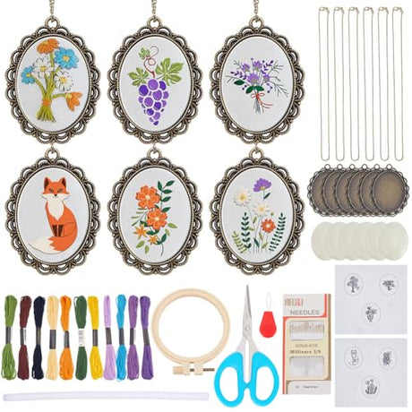 ACRNIGHEET 6Sets Flower Embroidery Pendant Kit, Mini Embroidery Kit for Adults, Animals Cross Stitch Kits for Beginner Include Hoop Stamped Floral Cloth Instructions, Adults Craft Kits Creative Gifts ACRNIGHEET