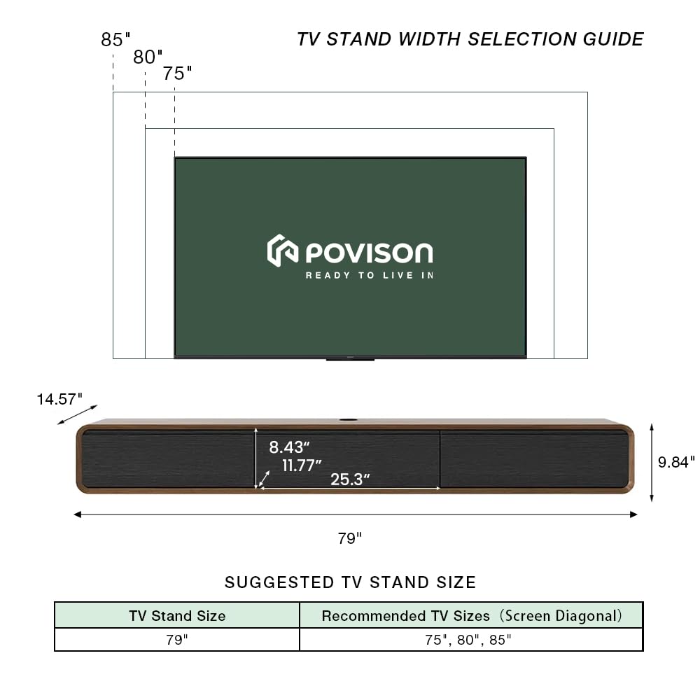 POVISON DONICY Fully-Assembled Minimalist Floating TV Stand, Modern Wall-Mounted Entertainment Center with 3 Drawers, Solid Wood, Walnut Veneer, 78" POVISON DONICY