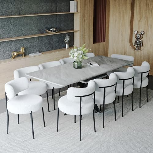 Modern Dining Table Set for 10,Expandable Dining Room Table Set,6-10 People Kitchen Table and Chairs Set with 63-78 in Marble Dinner Table Round Upholstered Boucle Chairs Ideal for Dining Room,Kitchen Hilknen