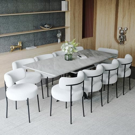Modern Dining Table Set for 10,Expandable Dining Room Table Set,6-10 People Kitchen Table and Chairs Set with 63-78 in Marble Dinner Table Round Upholstered Boucle Chairs Ideal for Dining Room,Kitchen Hilknen
