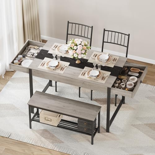 GarveeHome Dining Table Set for 4, Small Kitchen Table and 2 Chairs for 4 with Bench, Space Saving Kitchen Table Set with Storage Rack & Drawers, Breakfast Nook Rectangular Farmhouse Table Set, Grey GarveeHome