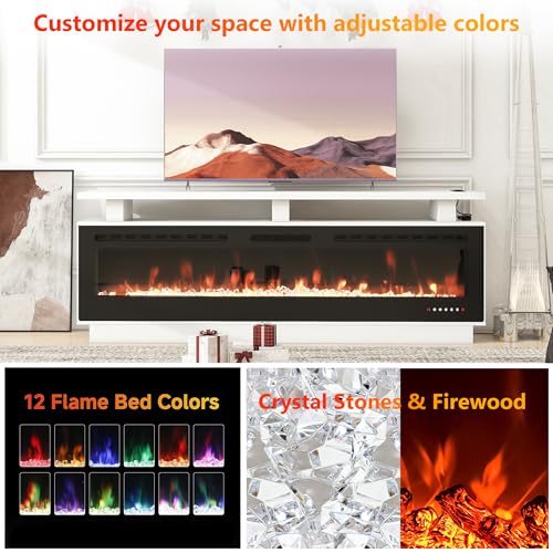 Fireplace TV Stand with 70" Smart Electric Fireplace, Wood Fireplace with Mantel, Modern Fire Place Cabinet with Socket for Living Room Farmhouse Entertainment Center (White, 70 ”) ROCSUMOO