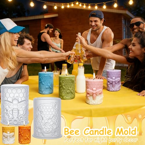 MEMOVAN Bee Candle Molds 2PCS Bee Cylinder Silicone Soap Mold Honeycomb Flower Mold Beeswax Candle Mould for Resin Epoxy Soap Casting Clay Wax Plaster Ornament Mould DIY Craft Home Decor