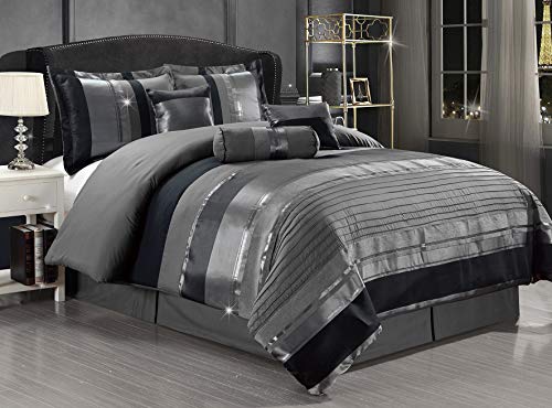 GrandLinen - 7-Piece Queen Size Chenille/Woven Jacquard Bedding Grey/Gray Silver Stripe 94X92 Comforter Set Bed in a Bag Grand Linen