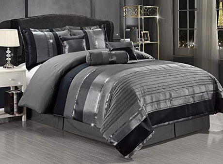 GrandLinen - 7-Piece Queen Size Chenille/Woven Jacquard Bedding Grey/Gray Silver Stripe 94X92 Comforter Set Bed in a Bag Grand Linen