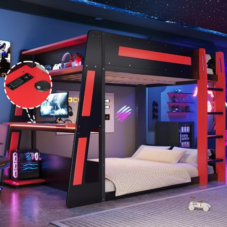 Polibi Full Over Full Bunk Bed with Built-in Desk, 2 Storage Shelves, USB & LED Lights, Solid Wood Frame, Gaming Loft Bed, Black+Red Polibi