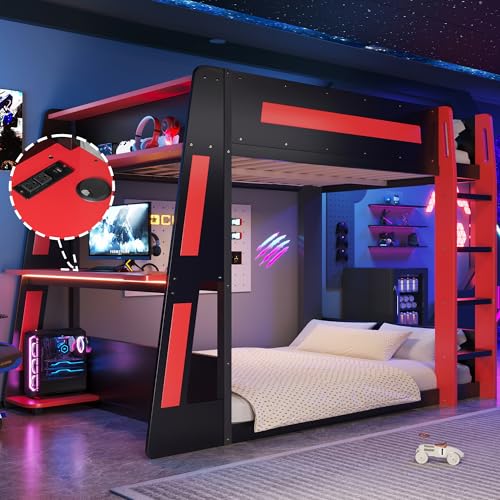 FUvellamo Full Over Full Gaming Bunk Bed with Desk and LED Light,Full Size Wooden Loft Bed Frame with Two Storage Shelves and USB,Esports Design for PC & Console Gamers, Black Red FUvellamo