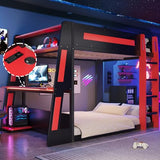 FUvellamo Full Over Full Gaming Bunk Bed with Desk and LED Light,Full Size Wooden Loft Bed Frame with Two Storage Shelves and USB,Esports Design for PC & Console Gamers, Black Red FUvellamo