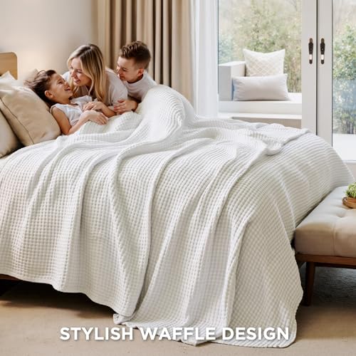 Bedsure Cooling Waffle Queen Size Blanket - Lightweight Cotton Spring Blanket of Rayon Derived from Bamboo for Hot Sleepers, Luxury Throws for Bed, Couch and Sofa, Ivory, 90x90 Inches Bedsure