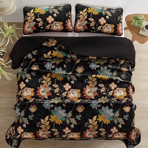 WONGS BEDDING Quilt Set Queen Size, Black Botanical Queen Bedspread Bedding Sets, 3 Pieces Floral Quilt with 2 Pillowcases,Soft Lightweight Microfiber Coverlet Set for All Season(96"X90") WONGS BEDDING