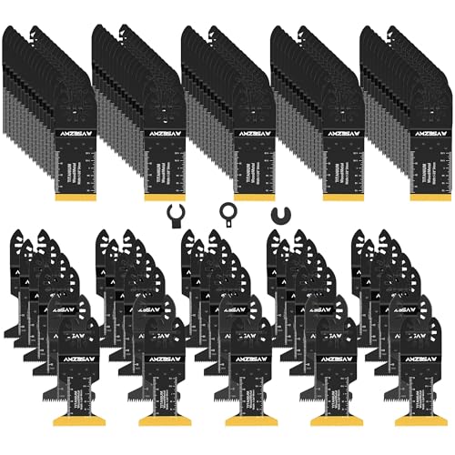 AMZBSAW 110PCS Oscillating Saw Blades Set, Professional Titanium Oscillating Tool Blade for Metal Wood Plastics, Quick Release Multi Tool Blades Kits Fit Bosch Dewalt Milwaukee Ryobi AMZBSAW