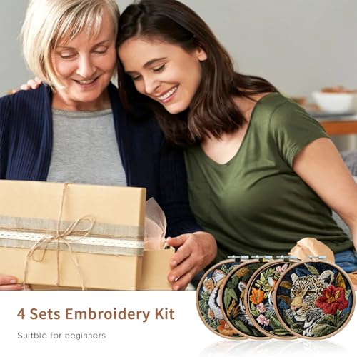 LB 4 Pack Wildlife Animal Leopard Embroidery Kit for Beginners Green Leaf Beginner Embroidery Kit for Adults DIY Starter Kit with Embroidery Hoop Colorful Threads Tools Step by Step Instructions