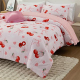 Aimuan Pink Cherries Comforter Set Cartoon Love Hearts Flowers and Grass Bedding Set for Girls Boys Kids Lightweight Soft 6 Piece with 2 Pillow Covers (Pink Red, Twin 6Pcs) Aimuan