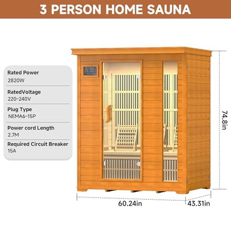 springspa 3 Person Infrared Sauna Indoor Home Sauna, Low EMF Far Infrared Canadian Hemlock Dry Saunas Room with 2 LCD Panels, 2820W/240V 15amp, 7-Color Light Therapy, 60.24"x43.31"x74.8" springspa
