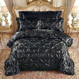 Bedbay Black Satin Comforter Queen Pinch Pleat Bedding Silk Like Satin Ruffled Duvet Set 4 Pcs with Black Ruffle Silky Body Pillow Cover Aesthetic Room Decor Luxury Satin Bedding Set for All Season Bedbay