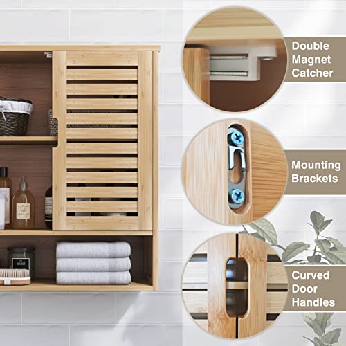 SMIBUY Bathroom Cabinet Wall Mounted, Bamboo Over-The-Toilet Storage Organizer, Space Saver Medicine Cabinet with 2 Door and Adjustable Shelves SMIBUY