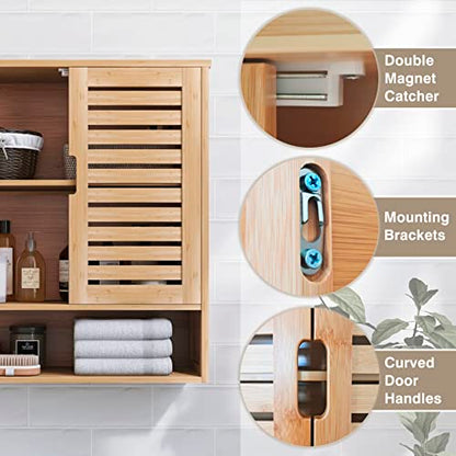 SMIBUY Bathroom Cabinet Wall Mounted, Bamboo Over-The-Toilet Storage Organizer, Space Saver Medicine Cabinet with 2 Door and Adjustable Shelves - WoodArtSupply