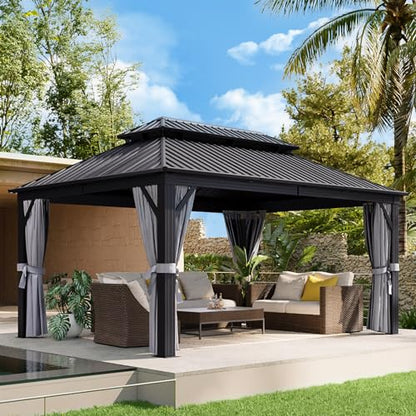 Aoxun 12FT X 16FT Hardtop Gazebo, Outdoor Pergolas with Mosquito Netting and Curtains, Galvanized Steel Double Roof Permanent Aluminum Gazebo, for Gardens, Decks, Patios, Parties