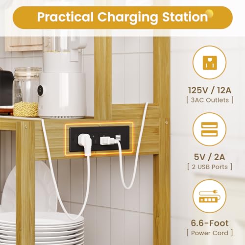 FORABAMB 10-Tier Bamboo Bakers Rack with Power Outlets and RGB LED Lights FORABAMB