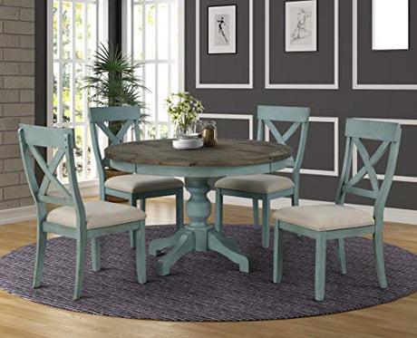 Roundhill Furniture Prato 5-Piece Round Dining Table Set with Cross Back Chairs, Antique Blue and Weathered Walnut Roundhill Furniture
