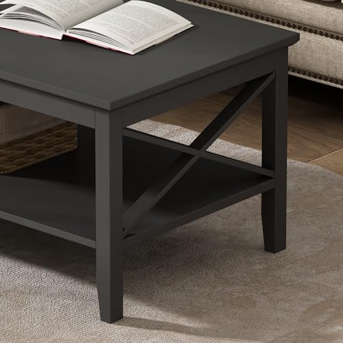 ChooChoo Oxford Coffee Table with Thicker Legs, Black Wood Coffee Table with Storage for Living Room, 47 inch ChooChoo