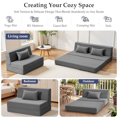 Youzi Folding Sofa Bed Convertible Sleeper Chair with Pillow, 4-in-1 Foldable Mattress Futon Couch Bed to Lounge Chair for Living Room, Bedroom, Dorm & Guest, Washable Cover, Dark Gray, Single Youzi