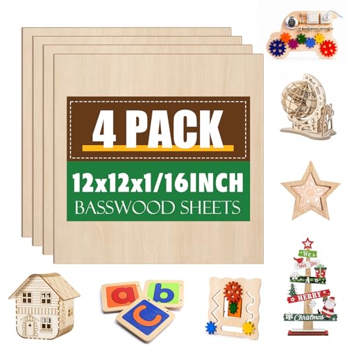 4 Pack Basswood Sheets 1/16x12x12 Inch,1/16 Basswood for Laser Cutting & Engraving, Thin Balsa Wood Sheets, Unfinished Wood for Crafts, Plywood Sheets for Models Making, Wood Burning and Painting. ESRICH