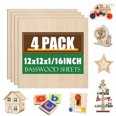4 Pack Basswood Sheets 1/16x12x12 Inch,1/16 Basswood for Laser Cutting & Engraving, Thin Balsa Wood Sheets, Unfinished Wood for Crafts, Plywood Sheets for Models Making, Wood Burning and Painting. ESRICH